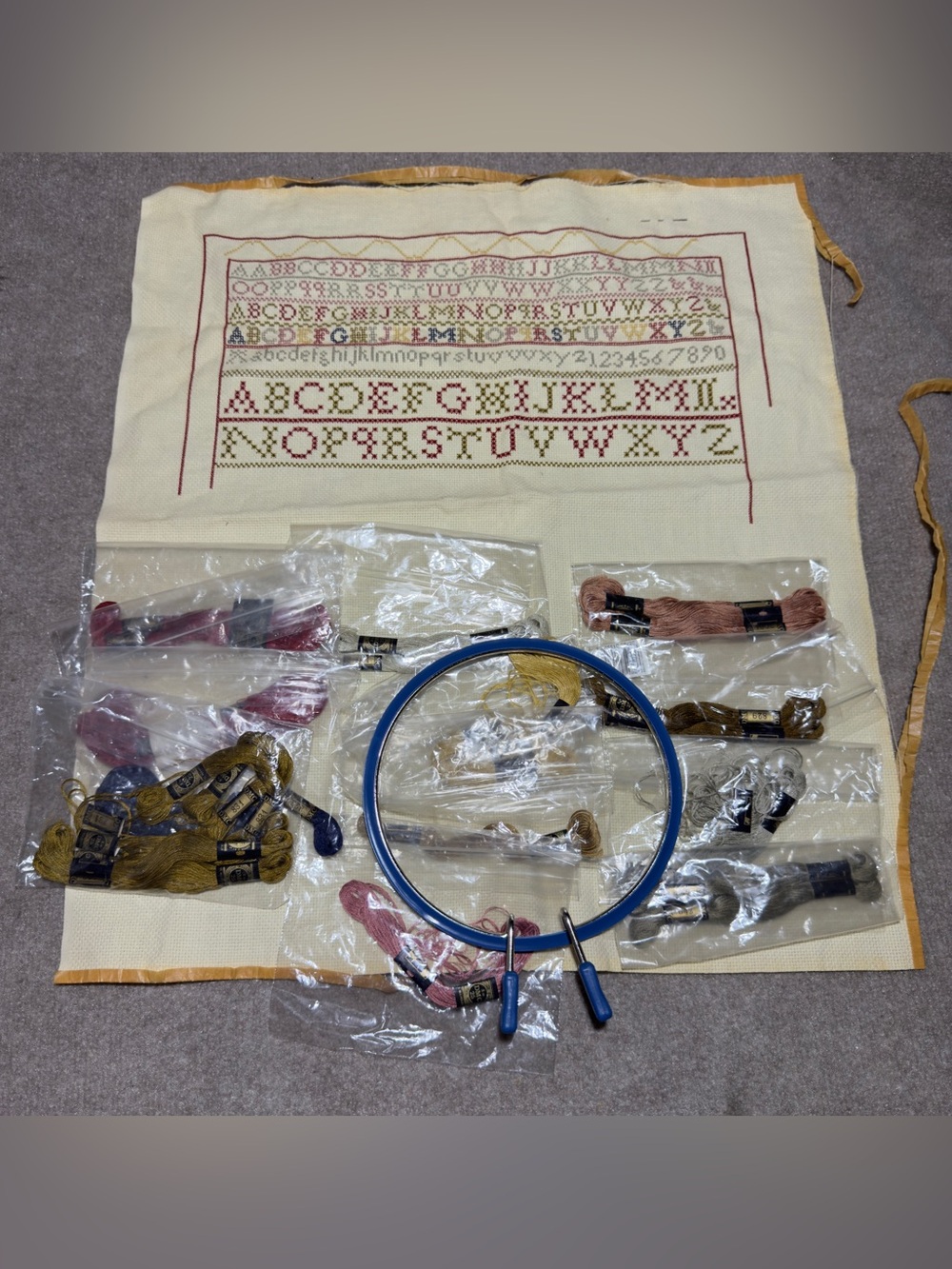 Cross Stitch Partial Completed Alphabet Embroidery Floss Hoop Needlework Craft